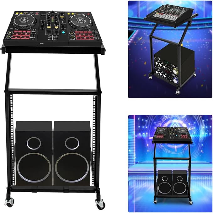 DJ Mixer Stand Adjustable Rack, 2 Layer Rack Mount Mixer Case Stand with 4 Universal Wheels Supporting Crossbars and Adjustable Angle Studio Adjustable Stage Cart for Home, Office Concert Venues Etc
