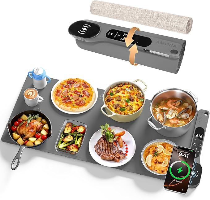 New Food Warming Mat with Wireless Charger, 34”x15” Extra Large Roll Up Food Warmer Fast Heating Mat for Food with 7 Level Temperature & 8 Hours Timer, Electric Warming Trays for Buffets Party (Grey)