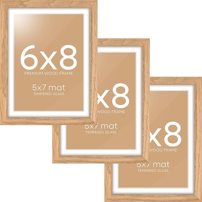 Homeforia 6x8 Picture Frame Natural Wood, High End Oak 6x8 Light Wooden Frames with Mat 5x7 for Photo, 6 x 8 Frame Matted to 5 x 7 Print, 8x6 Wall or Tabletop Frame, Tempered Glass, Wall Kit, Set of 3