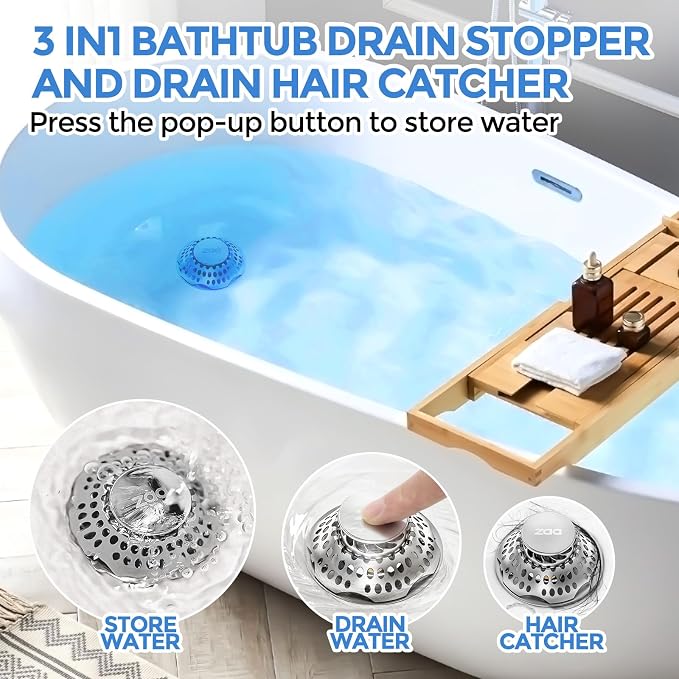 zaa 2 in 1 Bathtub Drain Stopper & Hair Catcher Pop-Up Plug | Upgraded Silver - Image 2