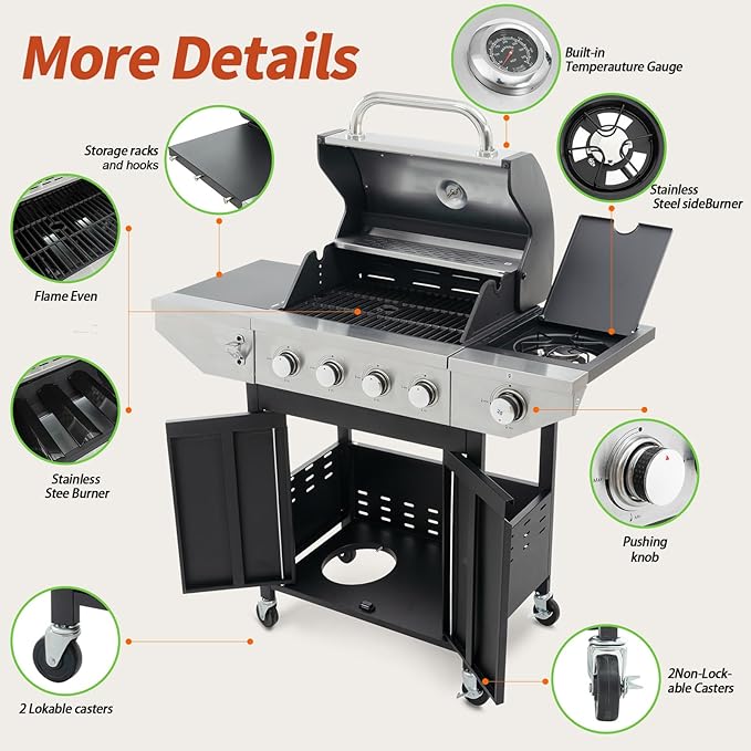 4-Burners Propane Gas Grill with Side Burner & Thermometer, Stainless Steel Propane Grill for Outdoor BBQ and Camping, Patio Backyard Barbecue, 42000 BTU Output