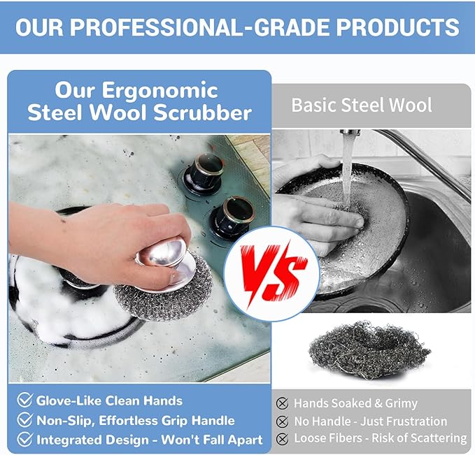 Steel Wool Scrubber with Handle, 5Pcs Stainless Steel Scrubber Set, Metal Pan & Pot Cleaner for Cast Iron, Grill, Stove, Oven, Sink, Stubborn Messes (1 Handle +4 Pads)