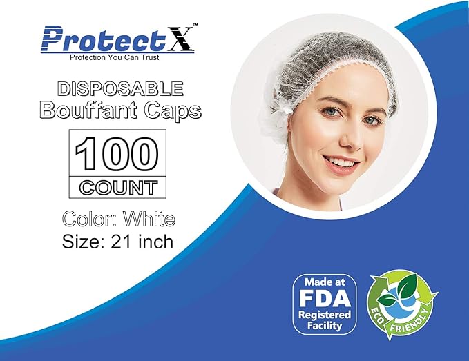 ProtectX 100-Pack White Disposable Hair Nets, Elastic Head Cover, Bouffant Caps, Sanitation Head Cover for Food Service, Spa Men & Women - 21 inch