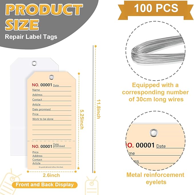 200 Pack White Repair Tags with Wire Rope Service Repair Tags Numbered with Wire Durable 2.6 x 5.25 Inch Labels for Production Equipment Maintenance Price Notice (200, White, 2.6x5.25in)