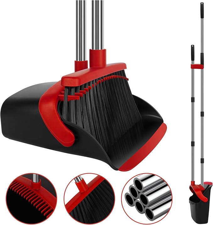 Red Broom and Dustpan Combo Set, Extended Reach Design, Built-in Comb Dustpan by UDUK