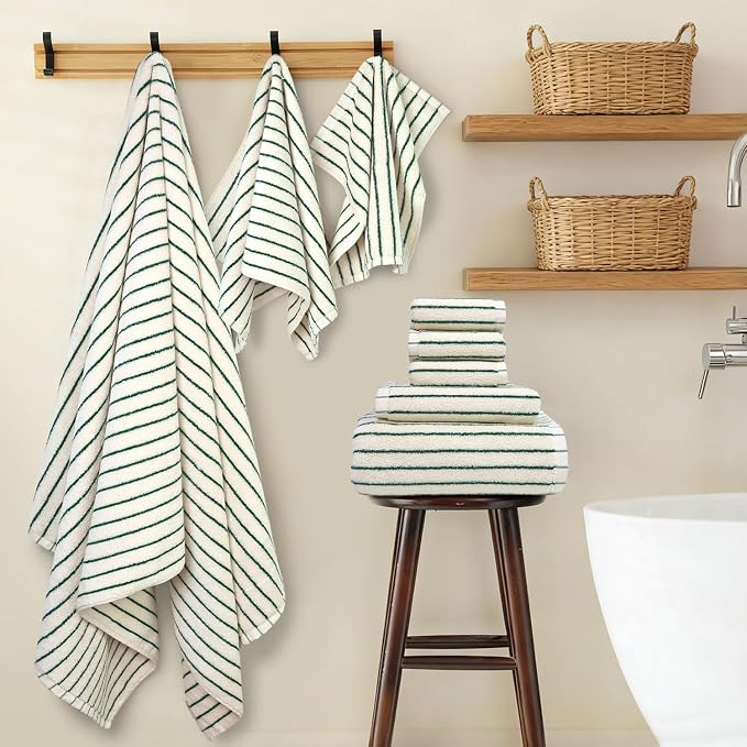 8 Piece Green Towel Set, Super Soft & Absorbent Cotton Striped Towels | - Image 7