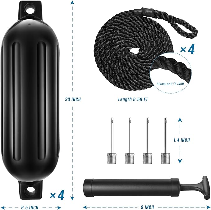 Boat Fenders 6.5 x 23 Inch Twin Eyes Ribbed Boat Fenders Bumpers Pack of 4 with Lines and Pump to Inflate for Docking (Black)