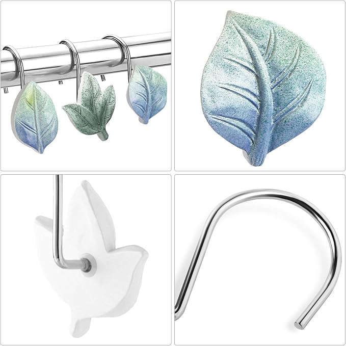 Blue Plant Leaf Shower Curtain Hooks, Eucalyptus Bathroom Decor, Metal Rustproof - Image 3