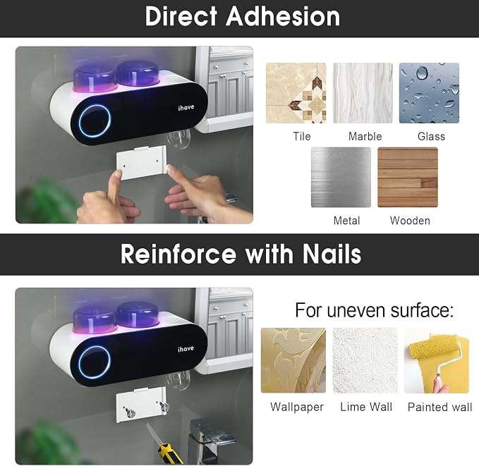 iHave UV Toothbrush Sanitizer Holder Wall Mount Toothpaste Dispenser, 2-Cup | - Image 5
