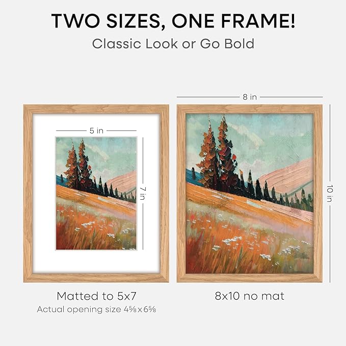 Homeforia 8 x 10 Wood Picture Frame, High End Natural Oak 8x10 Light Wooden Frames with Mat 5x7 inch Photo, 8 x 10 Frame Matted to 5 x 7 Art, Wall or Tabletop Frame, Tempered Glass, Wall Kit, Set of 2