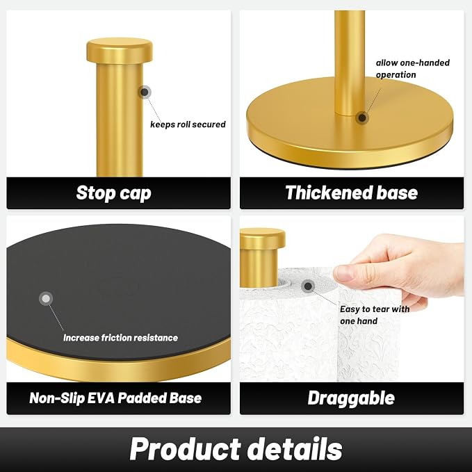 VEHHE Gold Paper Towel Holder Countertop, EVA Weighted Non-Slip Base - Image 4