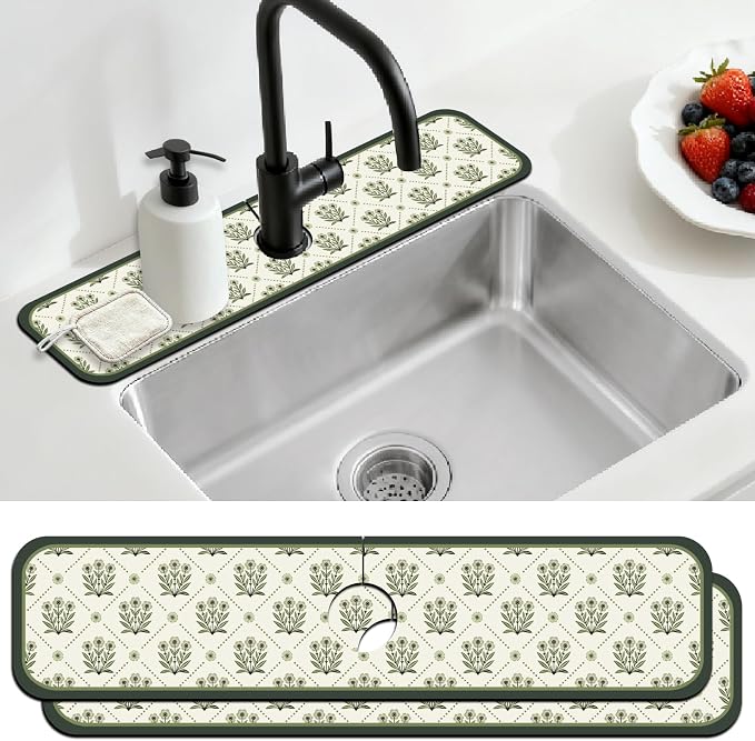 2 Pcs Kitchen Sink Splash Guard Faucet Mat Green Flowers Faucet Mats by CONCHLERY%E6%97%97%E8%88%B0%E5%BA%97