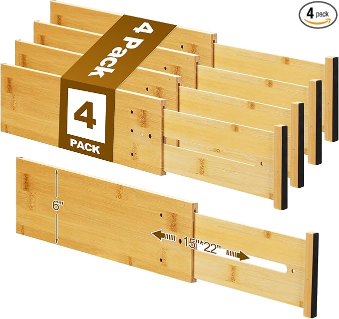 DoubleFill 4 Pcs 6 Inch High Drawer Dividers 15"-22" Adjustable Bamboo Drawer by DoubleFill