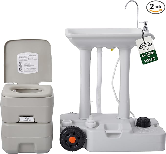 Hike Crew XL Portable Camping Sink & Toilet | Extra Large Washing Station with 8 Gal Capacity, Hands-Free Foot Pump, Faucet, Soap Dispenser & Towel Rack | Includes Travel Toilet with 5 Gal Waste Tank