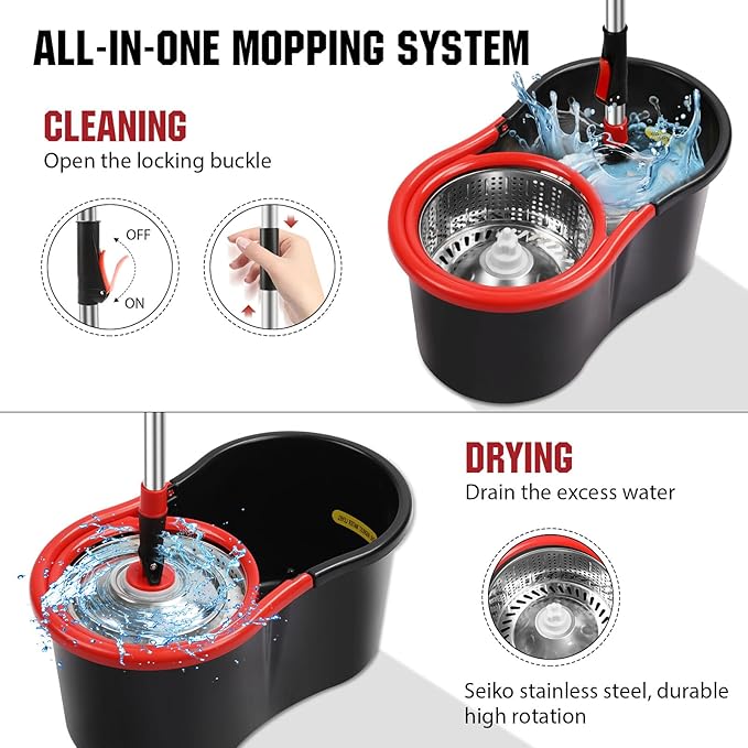 Spin Mop and Bucket with Wringer Set, 3 Microfiber Mop Heads - Image 4
