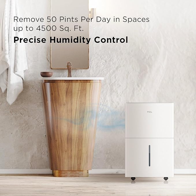 TCL 4500 Sq. Ft. Smart Dehumidifier with Pump, Energy Star, 50 Pints Per Day, Ideal for Whole House, Including Basements, Bedrooms, & Bathrooms, Works with Alexa/Google Assistant