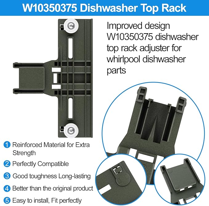 (12 Packs) Upgraded W10350375 Dishwasher Parts for Whirlpool Dishwasher Top Rack Parts WDT730PAHZ0 Upper Rack Parts With W10195372 W10195372 Dishwasher Adjuster Housing,For Kenmore Dishwasher Parts