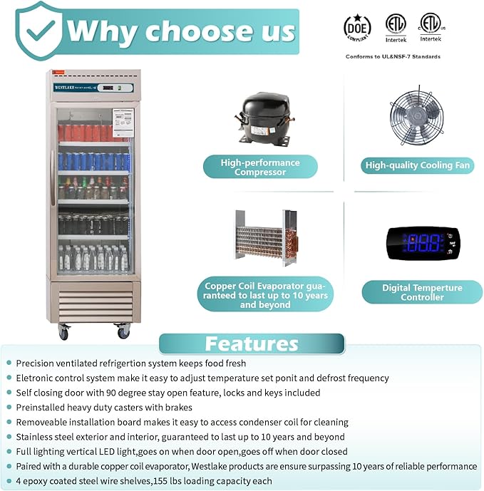 WESTLAKE 27" W Commercial Display Refrigerator Glass door Merchandiser Stainless Steel Reach-in Upriht Fan Cooling 23 Cu.ft Cooler for Restaurant, Bar, Shop, etc