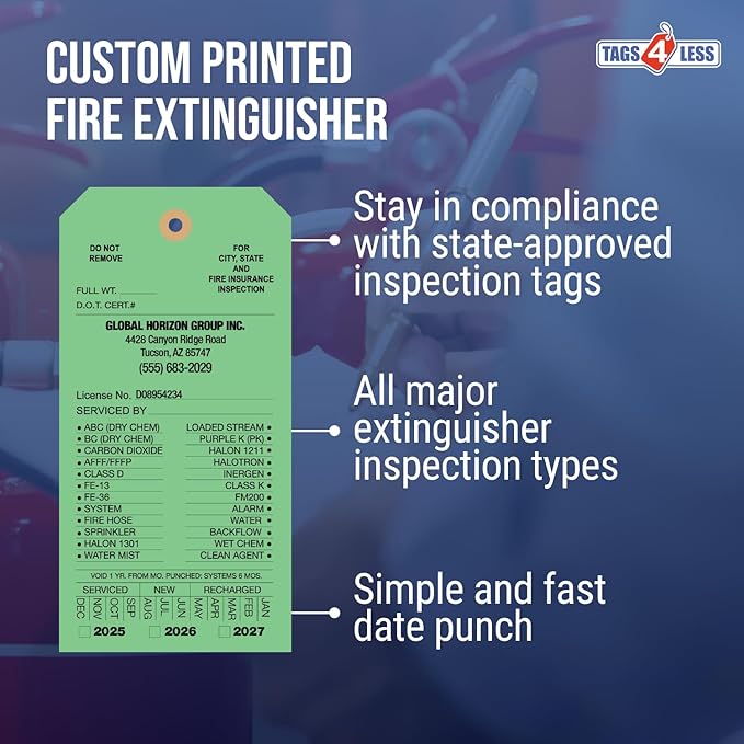 Tags 4 Less Custom Fire Extinguisher Tags – Preventative Maintenance Labels for Monthly Inspections, Alternative to Safety Sticker for Easy Record-Keeping – Pack of 100 (Light Green, Cardboard)