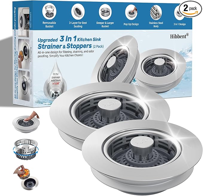 Hibbent 2 Pack 3 in 1 Kitchen Sink Drain Strainer, Metal Pop Up Stopper by Hibbent