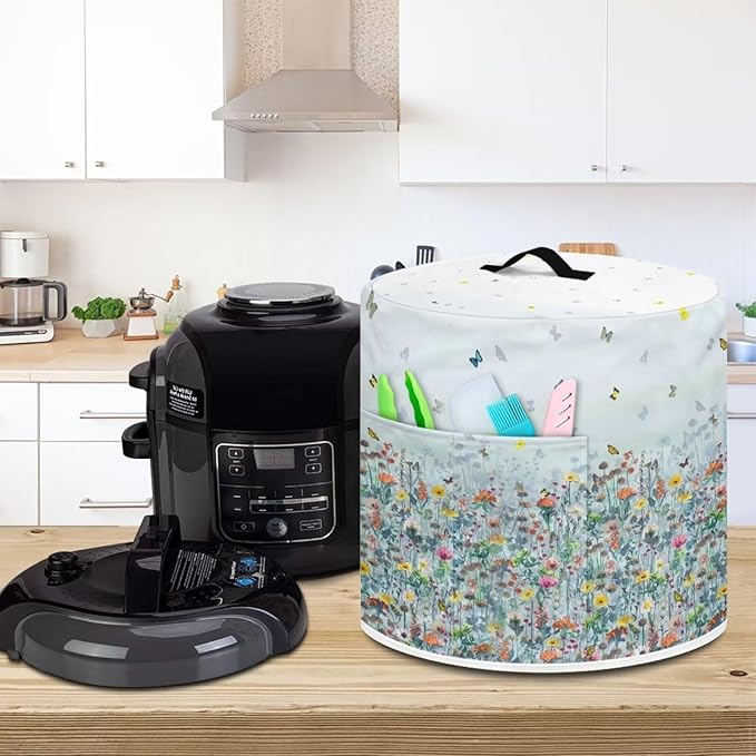 Insulated Pressure Cooker Appliance Cover, Also Fit for Air Fryer and Crock Pot, 6 Qt Dust Cover with Pocket for Spoon/Cooking Utensils/Recipes, for Home Decoration, Flower Butterfly Blue