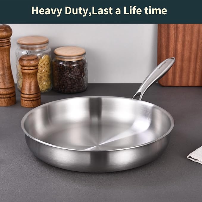 DELARLO Stainless Steel Frying Pan 11.6 inch, All Stove Safe Up to 600℉, Fast Even Heat, Tri-Ply Stainless Steel Cookware, Full Clad and Heavy Duty,18/10 Cooking Surface