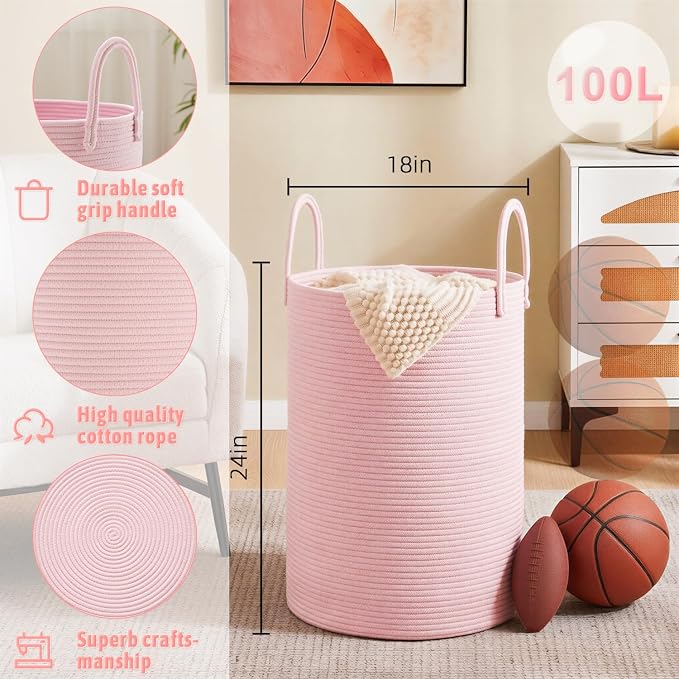 Artfeel Laundry Basket, Woven Cotton Rope Laundry Hamper, 100L - Image 6