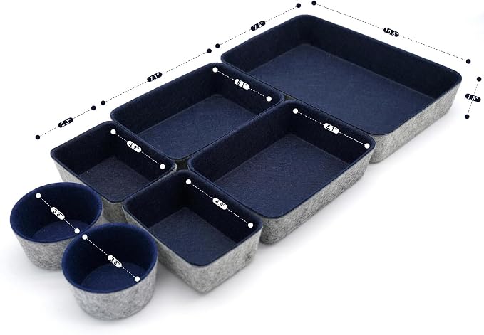 Welaxy 7 Piece Felt Desk Drawer Organizer Storage Bin Navy Catchall Tray | - Image 7