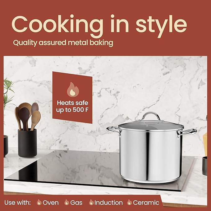 Stainless Steel Stockpot with Tempered Glass Lid 14 Quart, Durable 18/0 Stainless Steel, Impact-Bonded Base for Even Heating, Riveted Handles, Oven & All Stove Compatible, Safe Up To 500°F (260°C)