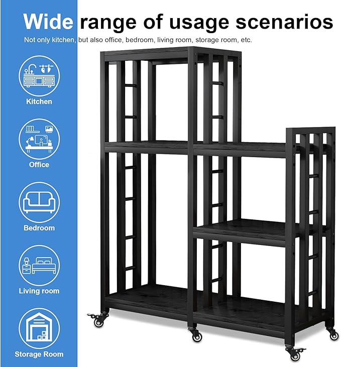 6-Tier Kitchen Bakers Rack, Multifunctional Storage Shelf, Mini Fridge & Microwave Oven Stand Table, Coffee Bar, Adjustable Kitchen Shelves Freestadning (Charcoal Black Wood Grain Print with wheels)