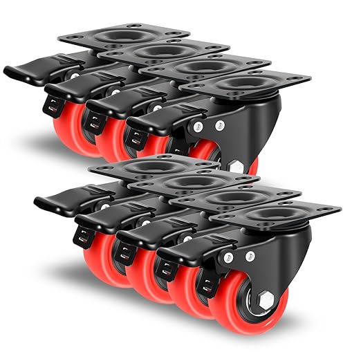 Nefish 2 Inch Casters (8 Pack), Heavy Duty Top Plate Caster Wheels with Brake, 360 Degree Durable Locking Furniture Swivel Castors, No Noise Polyurethane Wheels for Cabinet, Furniture