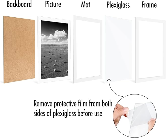 Americanflat 11x17 Picture Frame with Polished Plexiglass - Set of 5 - Use as 9x15 Frame with Mat or Display 11x17 Photo Without Mat - Galleria Collection - Picture Frames for Wall Display - White