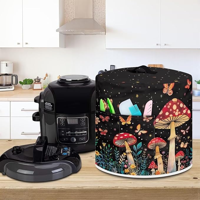 Small Appliance Covers for Air Fryer & Pressure Cooker, Appliance Dust Covers with Pockets Fits Pressure Cooker (6 Quart) and Extra Accessories - Butterfly Mushroom