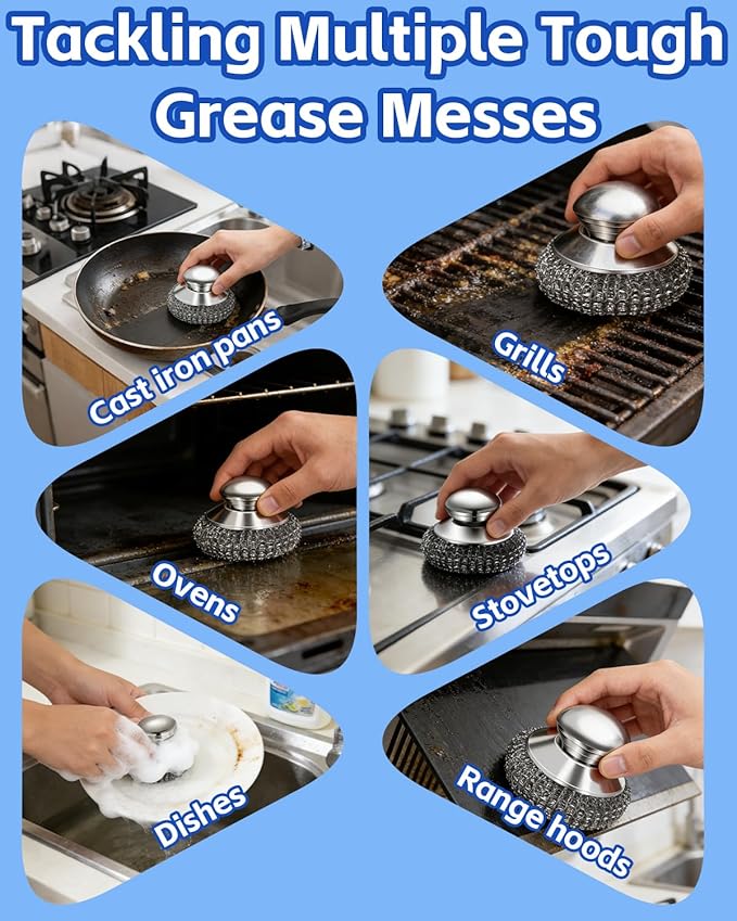 Stainless Steel Wool Scrubber with Handle, Steel Scrubber Wool Pads, Scrubbing Scouring Brush Pads for Cleaning Dishes, Stoves, Kitchen Pots, Pans