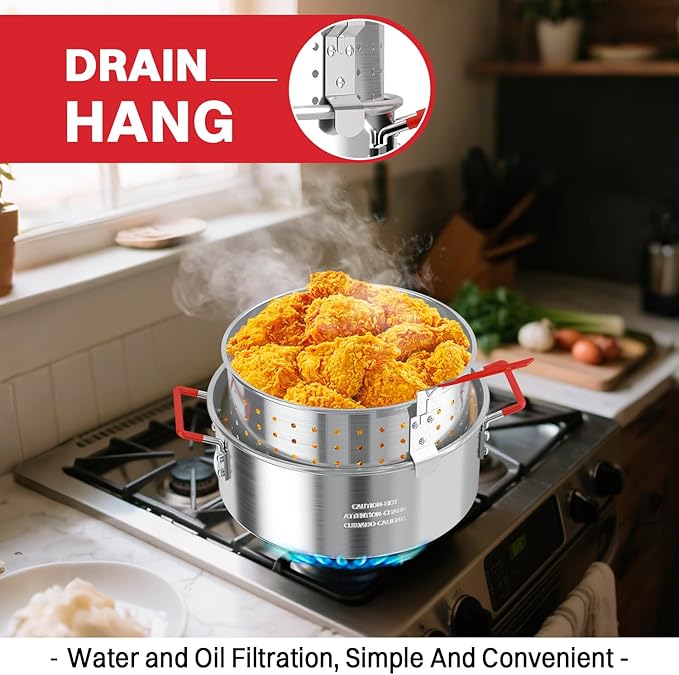 10QT Fish Fryer Pot with Lid | 9inch Fryer Tong | 8QT Basket | 6inch Thermometer | 50,000 BTU Propane Burner | Outdoor Deep Fryer | Ideal for Frying Fish | French Fries | Chicken Wings