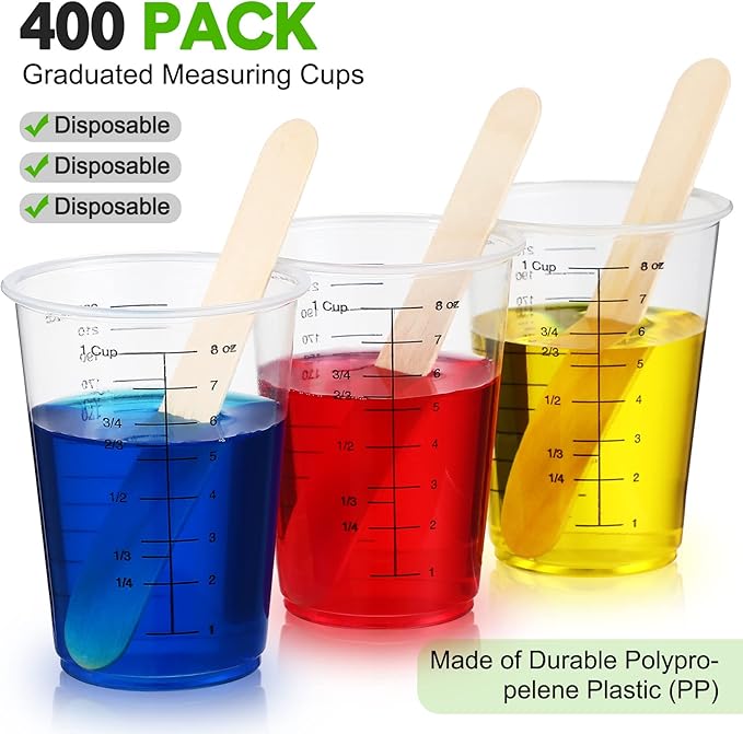 Yunsailing 400 Pack Disposable Measuring Cups for Resin 8 oz Clear Plastic Epoxy Reusable Liquid Mixing Cups for Cooking and Baking Supplies
