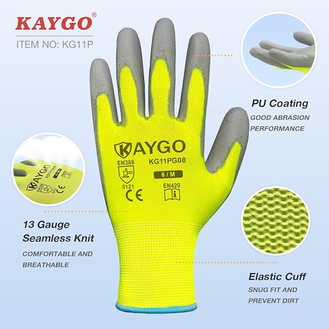 KAYGO Safety Work Gloves for Men and Women PU Coated, 60 Pairs Seamless Knit Glove with Thin Polyurethane Coated Smooth Grip on Palm&Fingers, Ideal for General Light Duty Work, KG11PB Green,L