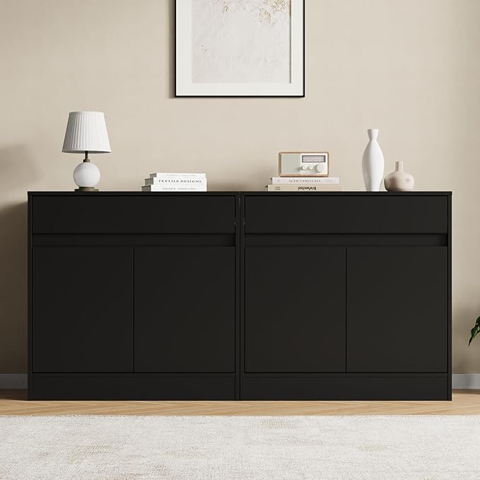 Buffet Cabinet with 2 Doors and Drawer, Coffee Bar Cabinet with Adjustable Shelf, Modern Kitchen Buffet Sideboard for Living Room, Kitchen, Black