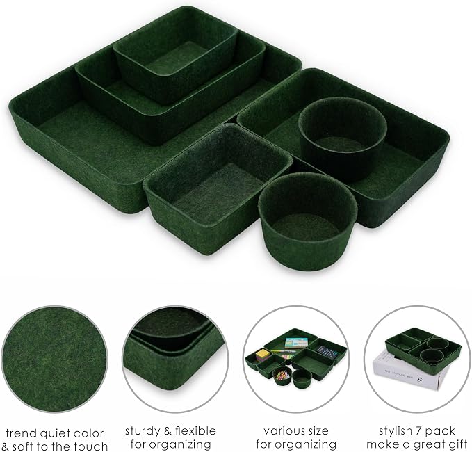 Welaxy Felt Desk Drawer Organizer Tray 7pc Storage Bin Minimal Forest Green - Image 5