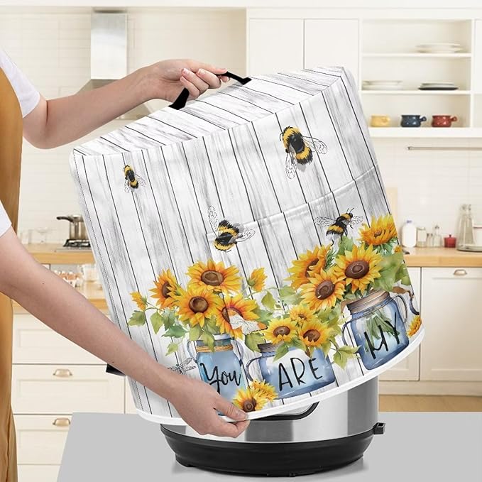 Insulated Pressure Cooker Appliance Cover, Also Fit for Rice Cooker, Air Fryer and Crock Pot, 6 Quart Dust Cover with Pocket for Spoon/Cooking Utensils/Recipes, Washable, Sunflower Vase Bee