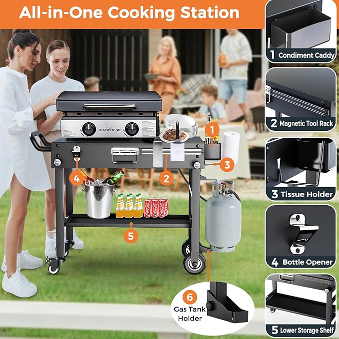Portable Stand for Blackstone 17 & 22 Inch Griddle - Sturdy Outdoor Grill Table for Ooni Pizza Oven, Ninja Woodfire Grills, Foldable Grill Cart w/Wheels, Gas Tank Mount & Storage Shelf
