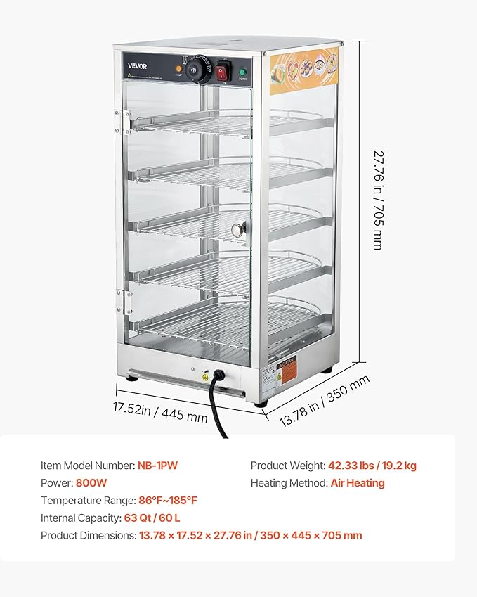 VEVOR 5-Tier Commercial Food Warmer Display, 800W Food Display Warmer with LED Light, Adjustable Shelf and Stainless Steel Frame, 86℉~185℉ Air Heating, 60L for Hamburger, Pizza, Bread, Fried Chicken