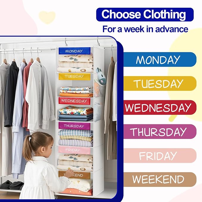Weekly Clothes Organizer for Kids, 6-Shelf Hanging Closet Organizer - Image 7