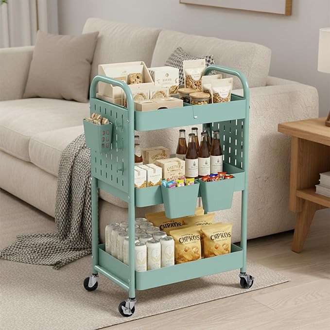 danpinera Rolling Cart, Movable Utility Organizer with Retractable Dividers & Pegboards for Kitchen, Bathroom, Office