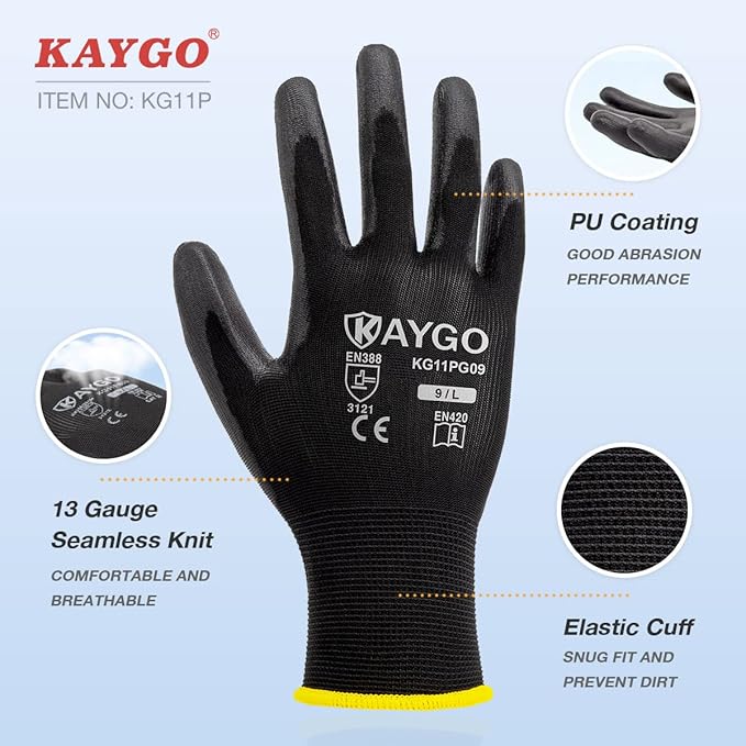 KAYGO Safety Work Gloves for Men and Women PU Coated, 60 Pairs Seamless Knit Glove with Thin Polyurethane Coated Smooth Grip on Palm&Fingers, Ideal for General Light Duty Work, KG11PB Green,M
