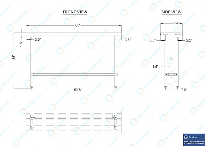 AmGood Stainless Steel Work Table Open Base | NSF Kitchen Island Food Prep | Laundry Garage Utility Bench (60" Long X 14" Deep)