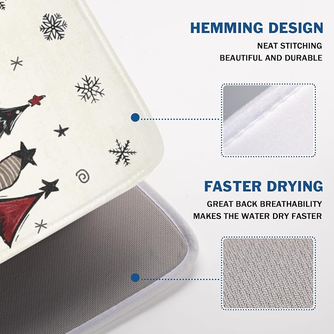 Giwawa Winter Snowman Gnome Dish Drying Mat Xmas Tree Dishes Pad 18"x24" - Image 4