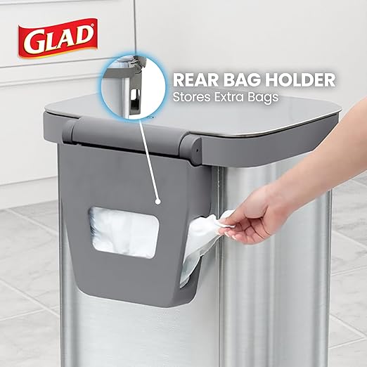 Glad Stainless Steel Step Trash Can, Series 2 with Clorox Protection - Large Metal Kitchen Garbage Bin with Soft Close Lid, Foot Pedal and Waste Bag Roll Holder, 13 Gallon