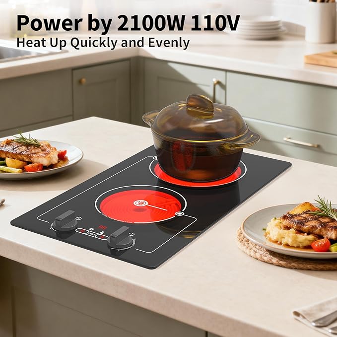 VBGK Electric cooktop,Built-in Design and Countertop Stove Top with Knob Control&Touch Control,9 Power Level, Timer & Kid Safety Lock,110-120V 2100W 2 burner Electric cooktop