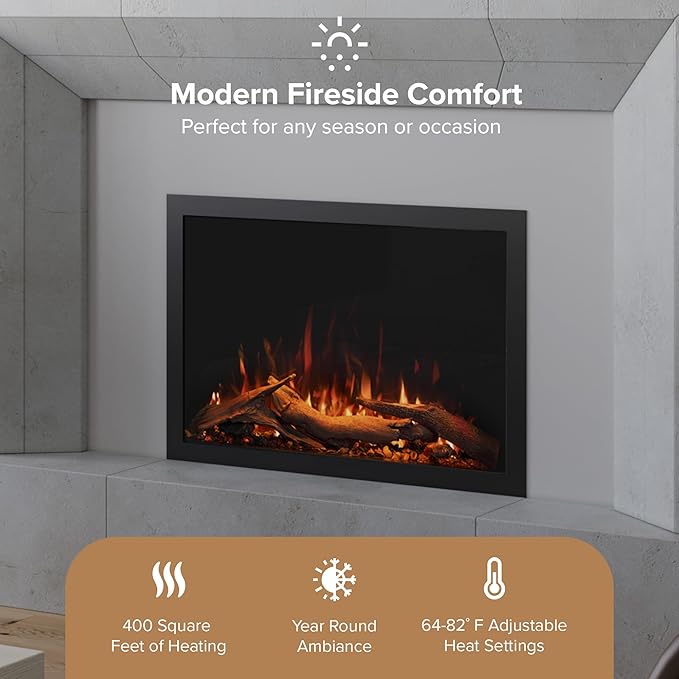 Modern Ember Highmark Traditional 30 Inch Built-in Smart Electric Fireplace Insert with Remote Control | Alexa/WiFi Enabled | Electric Firebox Heater with Multi-Color Flames | 1500W